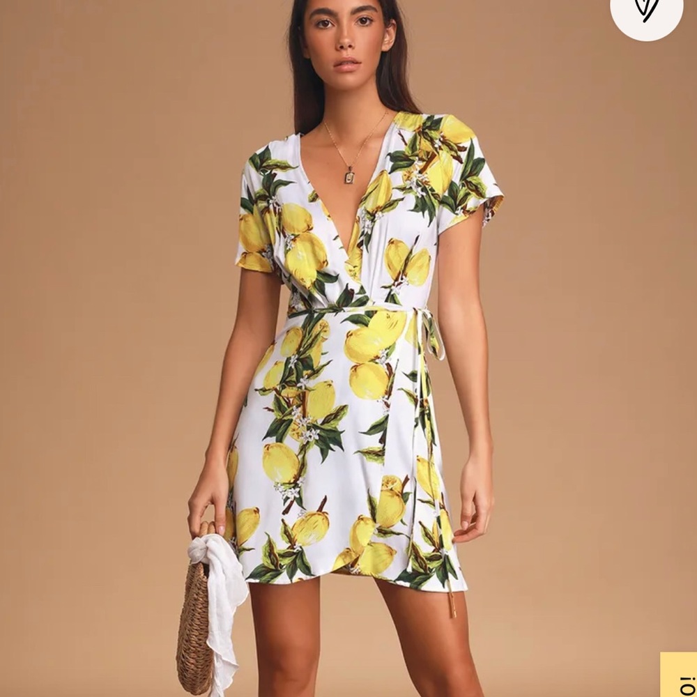 White and Yellow Lemon Print Wrap Dress